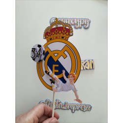 Cake topper cumpleaños personalizado FUTBOL REAL MADRID-FIESTA IMPRESA
